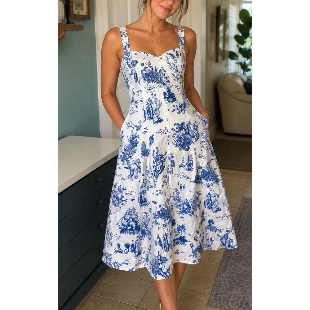 Avec Les Filles Blue White Mermaid Toile Linen Blend Midi Dress Size 8 NWT